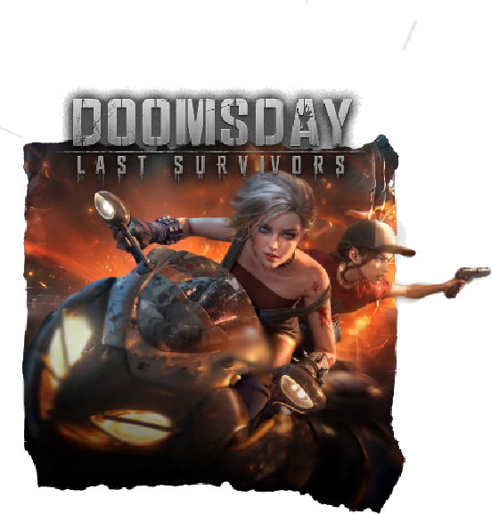 Doomsday: Last Survivors key art — two survivors riding a motorcycle through a burning wasteland