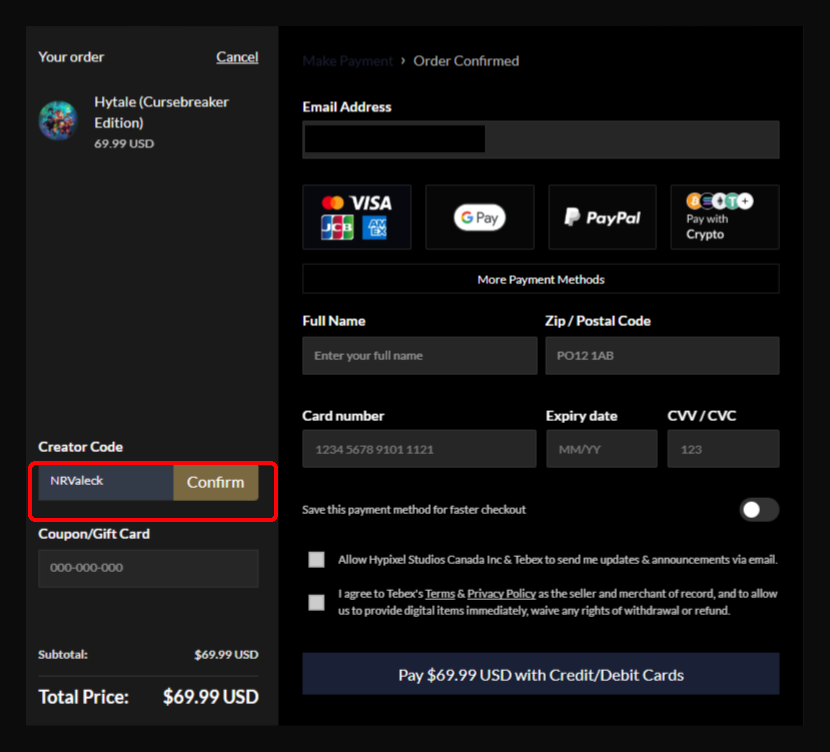 Hytale checkout screen with the Creator Code field highlighted, showing NRValeck entered and the Confirm button beside it.